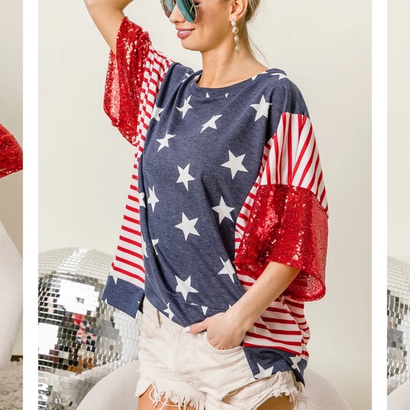 B448-BIBI SEQUINS SLEEVES STAR W STRIPE UNEVEN HEM TOP - Picture 4 of 4